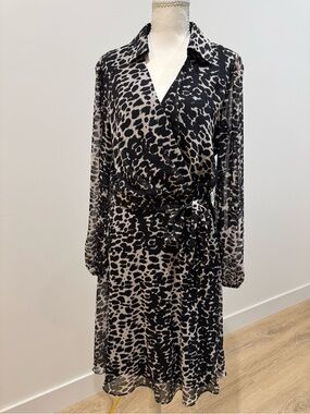 Dkny Black and White Animal Print Long Sleeve Wrap Dress career Travel party